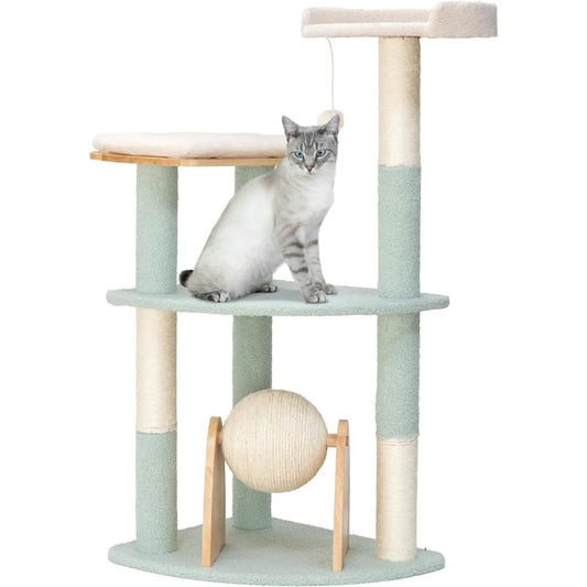 Triple Perch Wooden Cat Tower with Toys