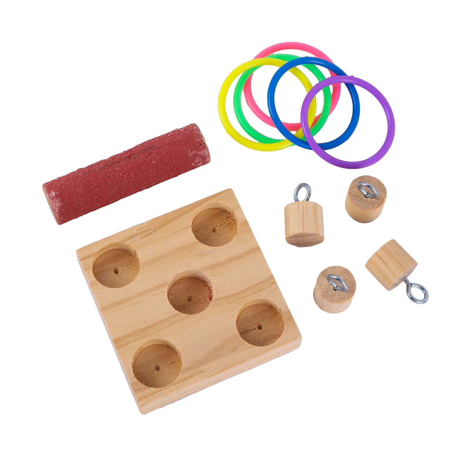 Bird Training Toys Set Wooden Block Puzzle Toys For Parrots Colorful Plastic Rings Intelligence Training Chew Toy Bird Supplies