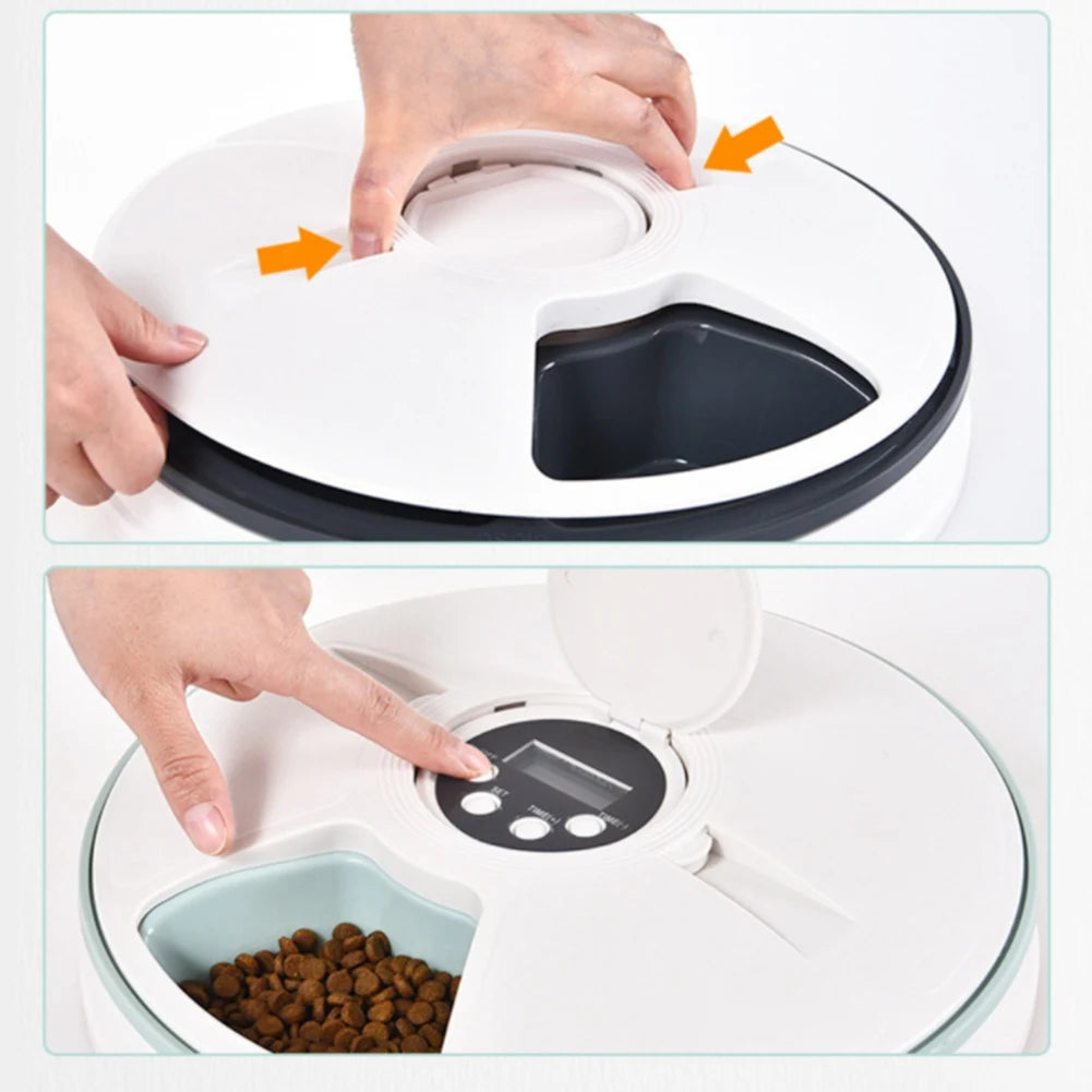 Pet Automatic Feeder, Digital Timer, Detachable Dog and Cat Non-Slip 6 Plate with Tape Recorder, Dry and Wet Food,White