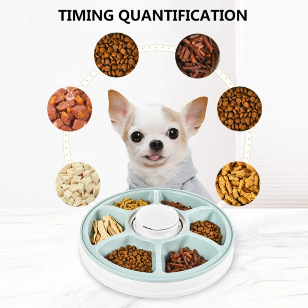 Pet Automatic Feeder, Digital Timer, Detachable Dog and Cat Non-Slip 6 Plate with Tape Recorder, Dry and Wet Food,White